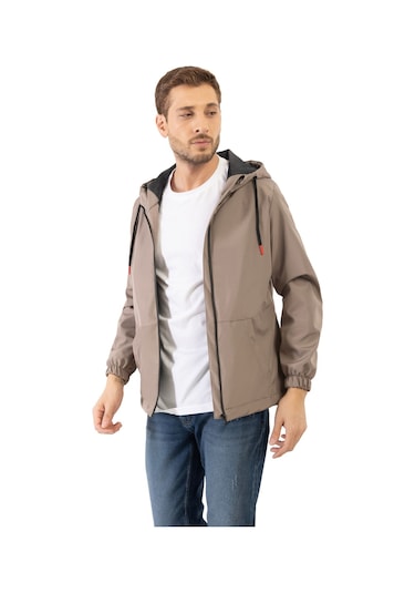 Erkek Vizon İçi Astarlı Kanguru Cepli Su Ve Rüzgar Geçirmez Kapüşonlu Cepli Yağmurluk Vizon
