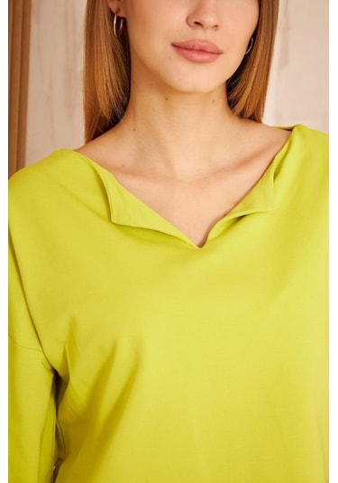 Kadın Ekstra Uzun Duble Kol / Yakası Yırtmaçlı Salaş Sweatshirt Bluz 3470190 Yağ Yeşili