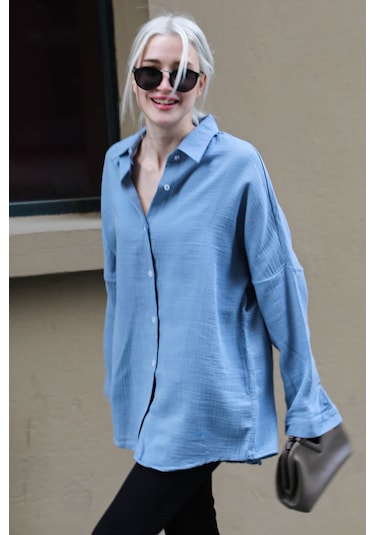 Madmext Mavi Muslin Kumaş Basic Kadın Gömlek Mg1660 Mavi