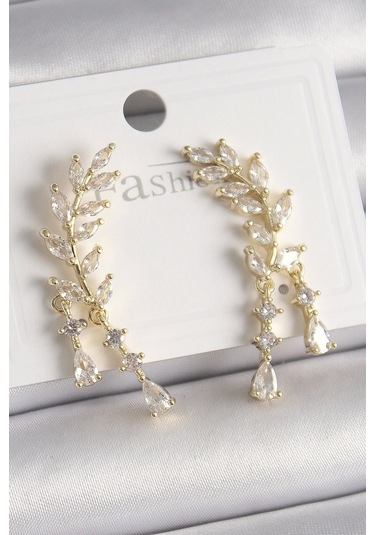 Pirinç Gold Renk Zirkon Taşlı Başak Model Kadın Küpe Çok Renkli