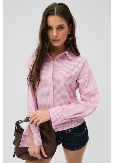 Grimelange Grımelange Medea Kadın Slim Fit %100 Organik Pamuklu Kahverengi Çizgili Slim Fit Pembe Çizgili Gömle