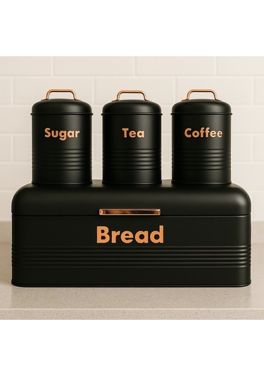 4 Lü Mutfak Seti Ekmeklikçay Kahve Şekerlik Siyah 43x20 Antrasit