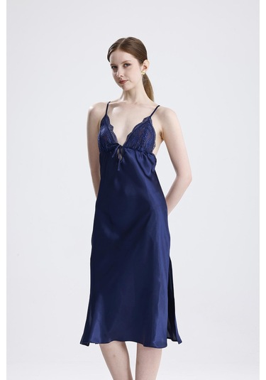 Laperissa Kadın Saten Dantelli Lacivert Gecelik Lacivert