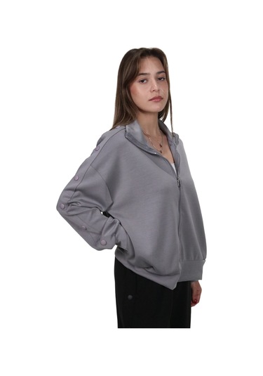 Kadın Modal Kumaş Dik Yaka Rahat Kalıp Gri Ceket Hırka Gri