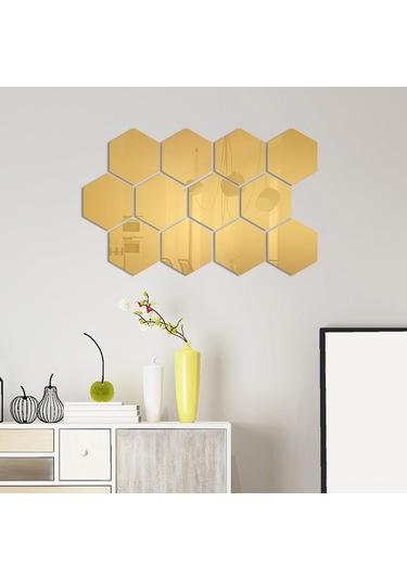 Qingmipy 12 Adet Çıkarılabilir Dekoratif Ayna Çıkartması - Yatak Odası, Banyo Ve Salon İçin Dıy Hexagon Duvar Sticker Altın