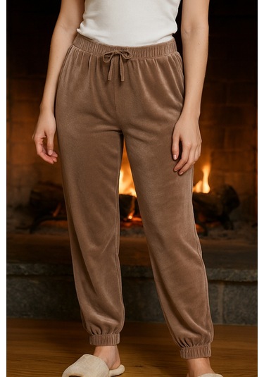 Kadın Paçası Lastikli Cep Detaylı Kadife Kumaş Tek Alt 503 Vizon Vizon