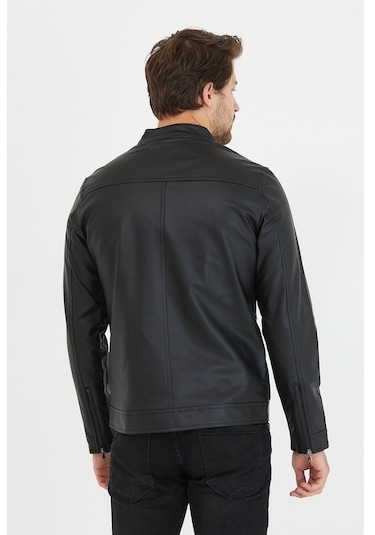 Erkek Siyah Yeni Sezon Dar Kesim Deri Ceket Mont-Siyah
