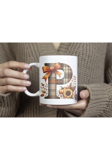 P Harfi Ekose Ve Sonbahar Temalı Kupa Bardak - Kişiye Özel Sıcak Tonlar Alfabe Kupa - Hediye Beyaz