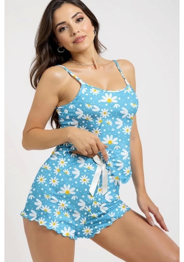 Papatya Baskılı Mavi Askılı Şortlu Pijama Takımı Açık Mavi