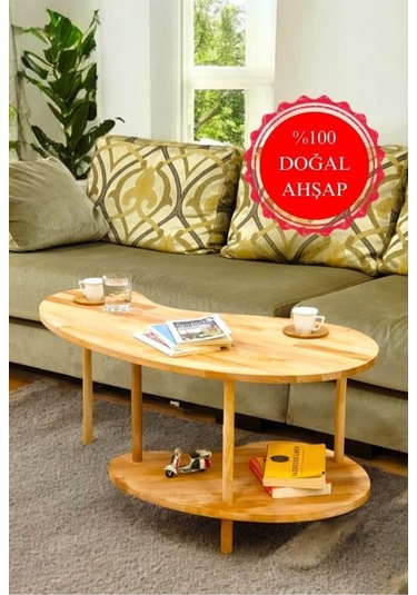 Lüx Naturel Ahşap Fasülye Orta Sehpa Ahşap Sehpa Iki Raflı Sehpa Dekoratif Sehpa Gazetelikli Ahşap