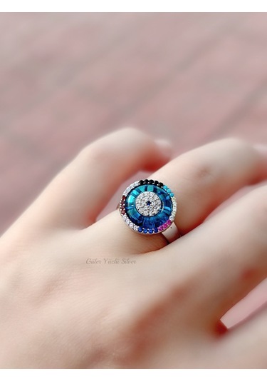 Güler Yüzlü Silver Ayarlanabi̇li̇r Renkli̇ Taş Cam Göz Gümüş Yüzük