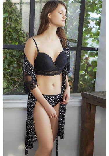 Anıl Puantiyeli Dantelli Sabahlık Balenli Destekli Dolgulu Askıları Çıkabilen Büstiyer Sütyen Ve Slip 3'lü Takım 4759 - Siyah
