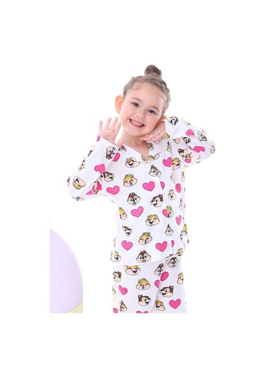 Zuzunga Sevimli Chip Dale Baskılı Düğmeli %100 Pamuk Kız Çocuk Pijama Takımı Ekru