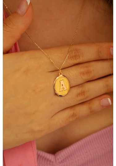 Moom Mücevherat Kadın 14 Ayar Altın Harf Kolye Nostaljik Oval A Harfi Altın Kolye Zincirli 42 Cm