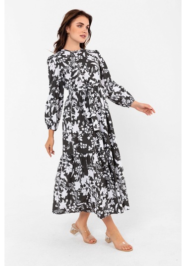 Yaprak Desenli Renkli Pamuklu Yazlık Baharlık Kuşaklı Elbise 2101 Siyah