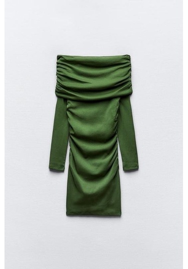 Kadın Madonna Mendil Yaka Fırsat Ürün Büzgülü Mini Elbise Yeşil