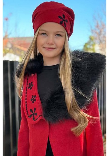 Riccotarz Kız Çocuk Yakası Kürk Ve Yonca Detaylı Etekli Kırmızı Kaşe Kırmızı