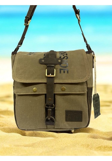 Vintage Baskılı Su Geçirmez Kanvas Deri Unisex Postacı Omuz Çantası 29 Cm X 30 Cm Koyu Kahverengi