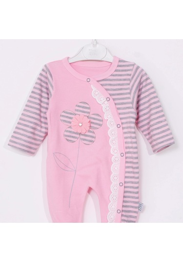 Candar 3-9 Ay Kız Bebek Tulumu Çiçek Nakışlı Ayaklı Pembe Pembe