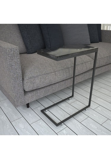 Callen Siyah Mermer Yan Sehpa & Tekerlekli Servis Sehpası Metal