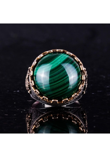 Gerçek Doğal Taş Yüzük - El Yapımı Kral Yüzüğü - 925 Ayar Gümüş Yüzük Malakit Gümüş