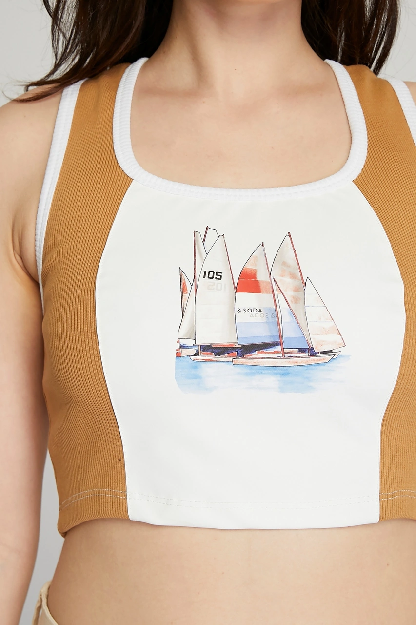 Kadın Deri Crop Ribana Kaşkorse Likralı Deri Garnili Baskılı Crop Büstiyer Deri Üzeri Baskılı Crop Camel