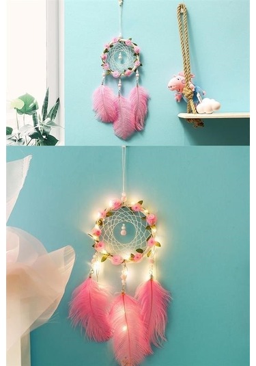Seçkin Trend El Yapımı Kuş Tüyü Ve Led Işıklı Dekoratif Asma Düş Rüya Kapanı Çok Renkli