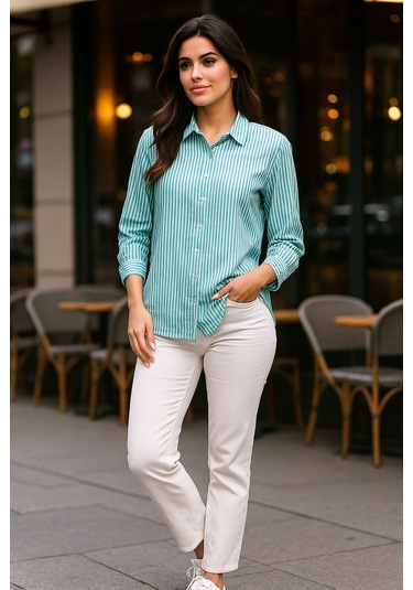 Kadın Çizgili Oversize Gömlek Mint Yeşili Beyaz Pamuk Gömlek Mint Yeşili