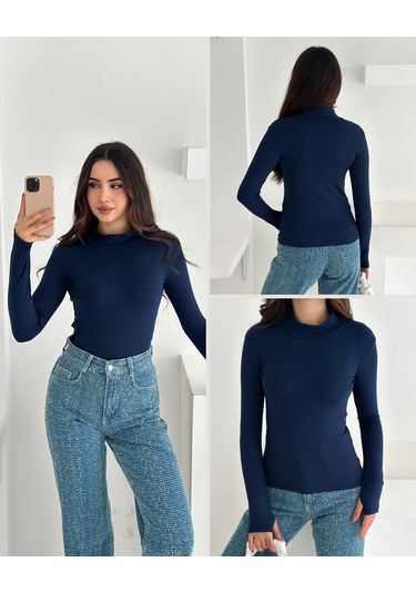 Kadın Yarım Balıkçı Yaka Parmak Geçmeli Full Likralı Buzz Body Lacivert