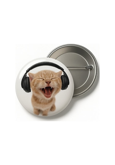 Sarkastik Müzik Dinleyen Kedi Rozet-44 Mm Çok Renkli