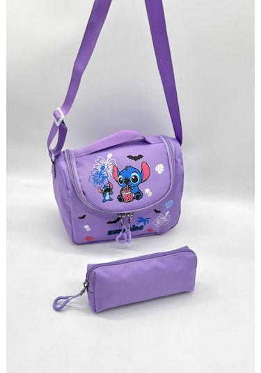 Stitch Desen Aksesuarlı Kore Tarzı Termal Beslenmeli Ve Kalemlikli Kız Çocuk Okul Sırt Çantası Seti Lila