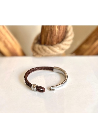 %100 Deri&krom Kombin Kahve Erkek Bileklik Net 22cm Türk Üretim Kahverengi