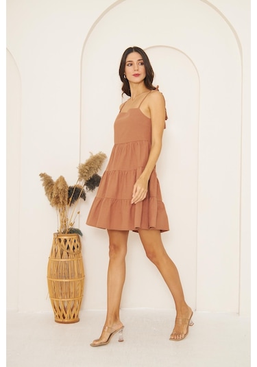 Camel Askısı Boncuklu Püsküllü Eteği Volanlı Mini Elbise Dm1038