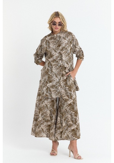 Schık Kadın Viskon Rahat Bol Paça Truvakar Kol Önü Düğmeli Baskılı Takım Kahverengi