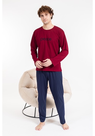 Erkek Penye Pamuk Regular Kalıp Sıfır Yaka Kaliteli Pijama Takımı A803123 Bordo