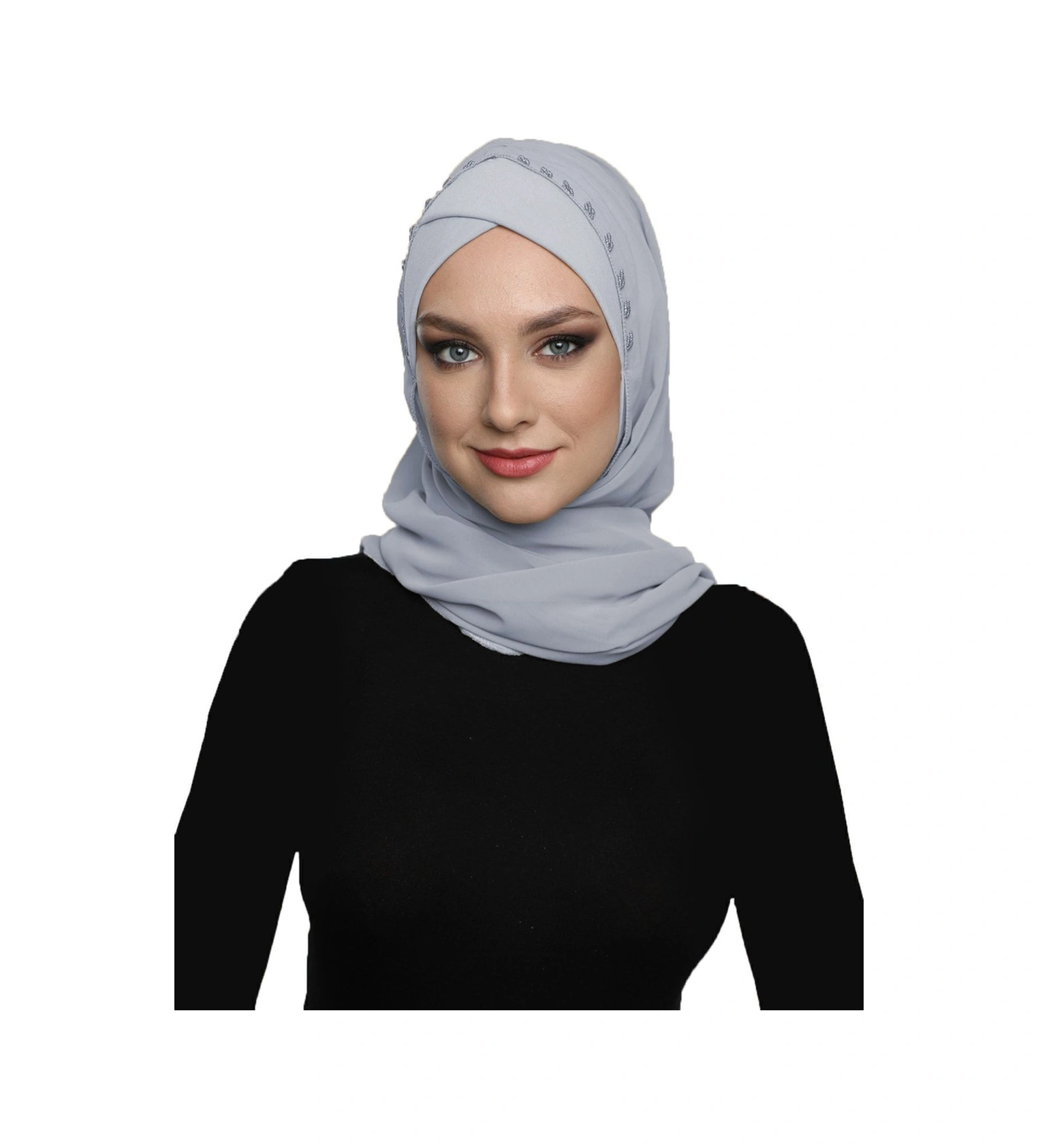 Şallı Takmatik Taşlı Açık Gri Hazır Türban Tesettür Bone Namaz Örtüsü Açık Gri