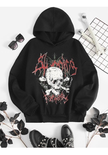 Coke Serisi Skull Print Drop Shoulder Hoodie-trzksw625 Siyah