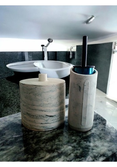 Mermer Desen Yeşil Renk Beton Çöp Kovası Ve Fırçalık Gri