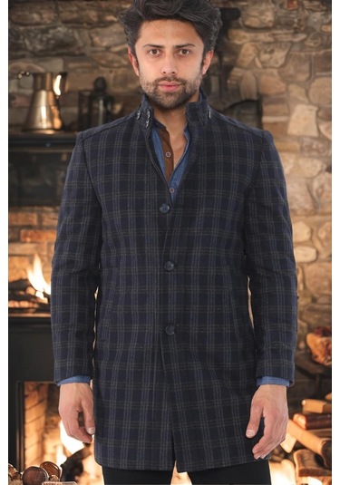 Plt8370 Dewberry Erkek Palto-Desenli Açık Lacivert-Desenli Açık Lacivert