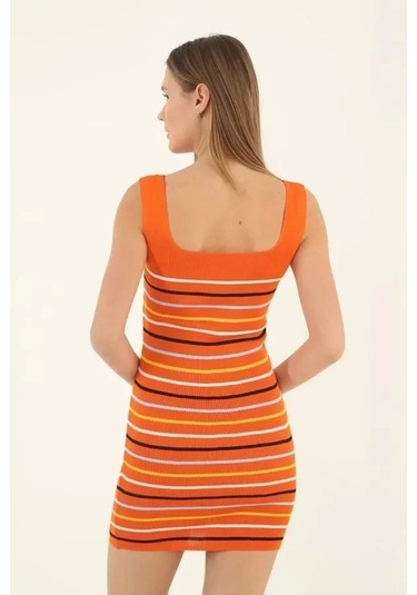 Kadın Kare Yaka Midi Boy Likralı Polelit Elbise - Turuncu Turuncu
