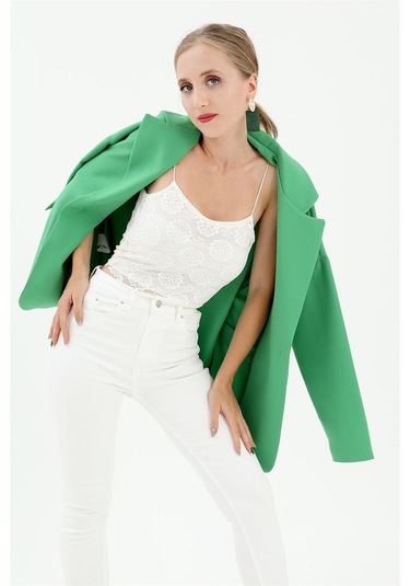 Düşük Omuz Kemerli Atlas Kumaş Blazer Ceket - Yeşil-yeşil Yeşil