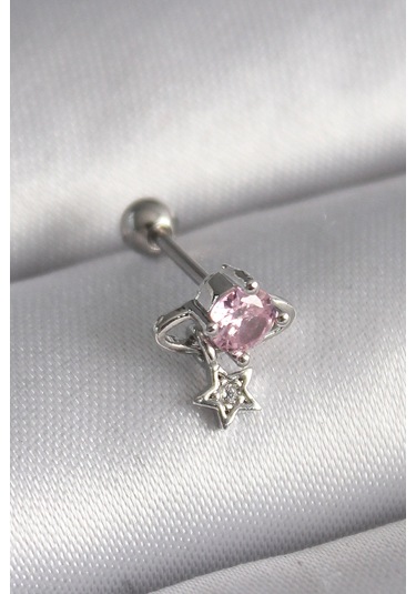 Dodes Dodes 316l Çelik Gümüş Renk Pembe Zirkon Taşlı Sallantı Yıldız Detay Tragus Piercing Tg27pr123 Çok Renkli