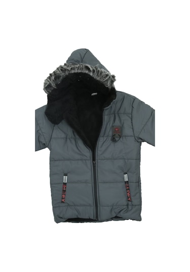 Erkek Çocuk İçi Peluş Astarlı-kürk Kapüşonlu-fermuarlı Mont 12369 Gri