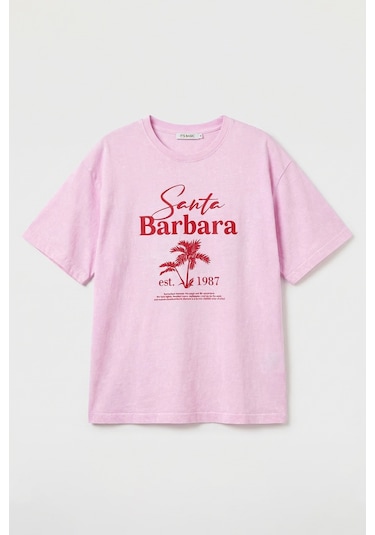Itsbasic Kadın Pembe S6-98 Oversize Santa Barbara Baskılı %100 Koton T-shirt