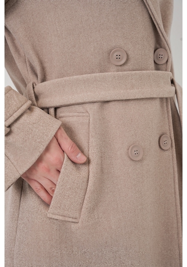 Kadın Kuşaklı Kaşe Kaban 9161 - Bej Bej