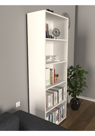Modern 5 Raflı Kitaplık Dekoratif Kitaplık Beyaz