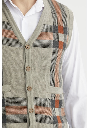 Düğmeli Yünlü Kalın Triko Yelek - Vizon Vizon