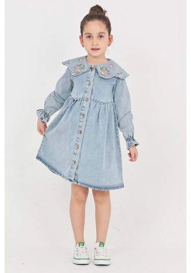 Kız Çocuk Yaka Detaylı Ve Boydan Düğmeli Jean Elbise 12339 Açık Mavi