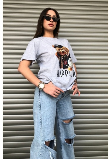 Modagen Kadın Happier Oversize Baskılı Gri T-shirt Hp Gri