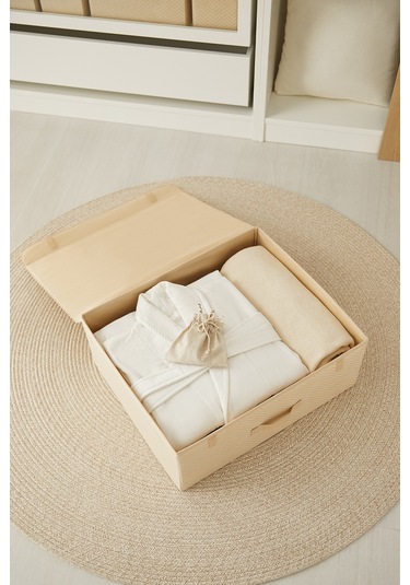Ocean Home Textile Bej Balıksırtı Kapaklı Kutu 48 x 40 x 19 cm